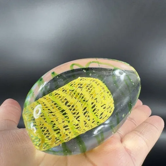 Art Glass Paperweight With Yellow Green Swirls All Over Egg Shaped Paperweight - Picture 11 of 16